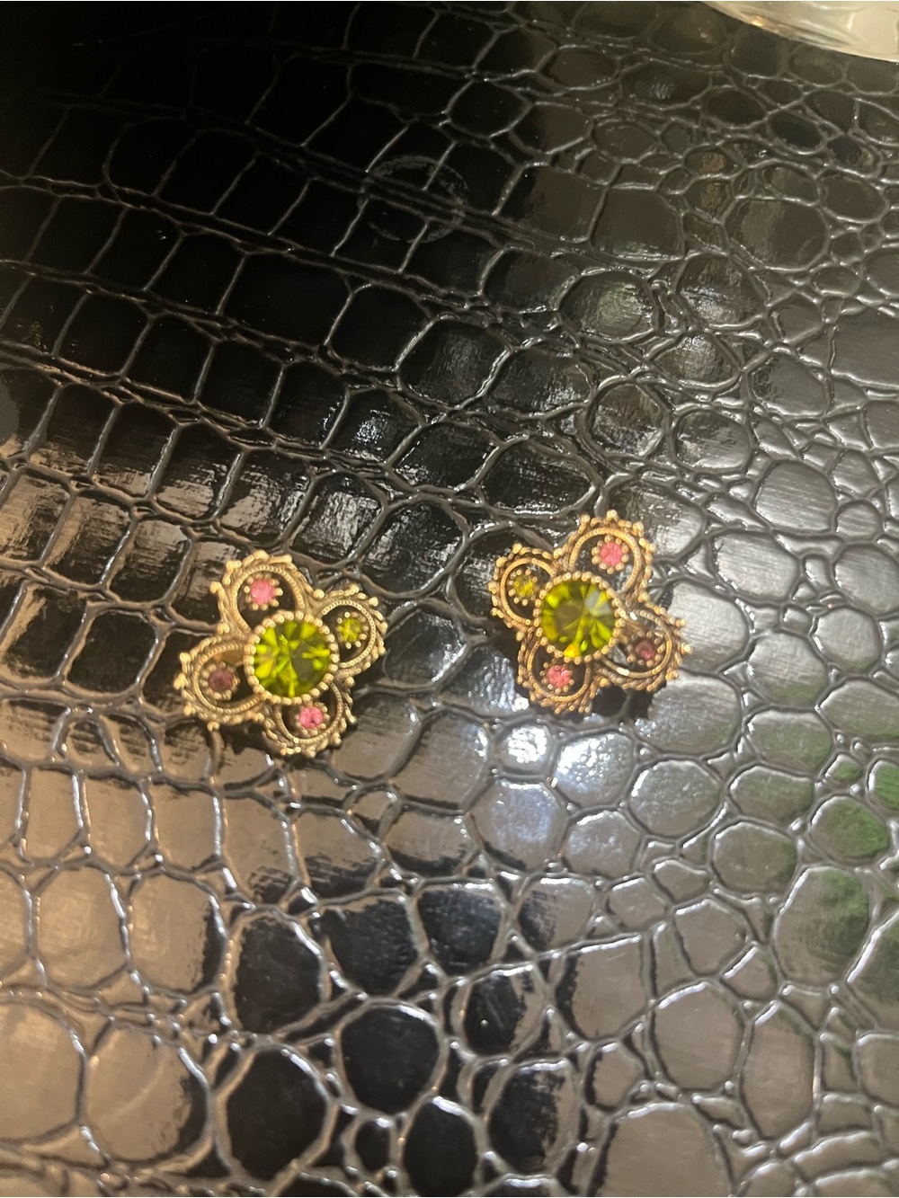 Vintage Sarah Coventry Gold Tone Ornate Multi Color Rhinestones Clip Earrings